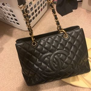CHANEL Black Quilted Caviar Leather Tote with Gold Chain Straps